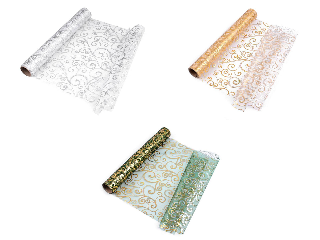 Organza decorativă, imprimeu metalizat, lățime 36 cm - Verde închis (1 Metru)