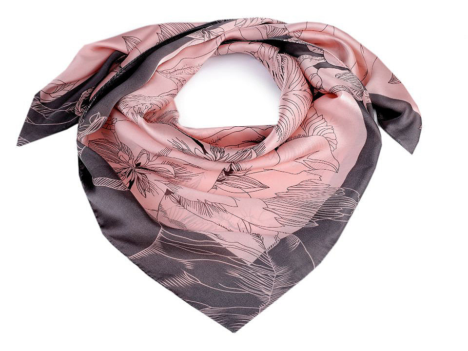 Batic / eşarfă satinată cu motiv floral, 90x90 cm - Bej pal (1 Bucată)