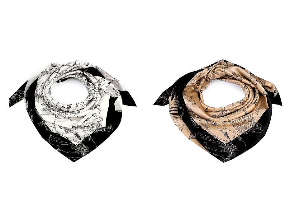 Batic / eşarfă satinată cu motiv floral, 90x90 cm - Bej pal (1 Bucată)