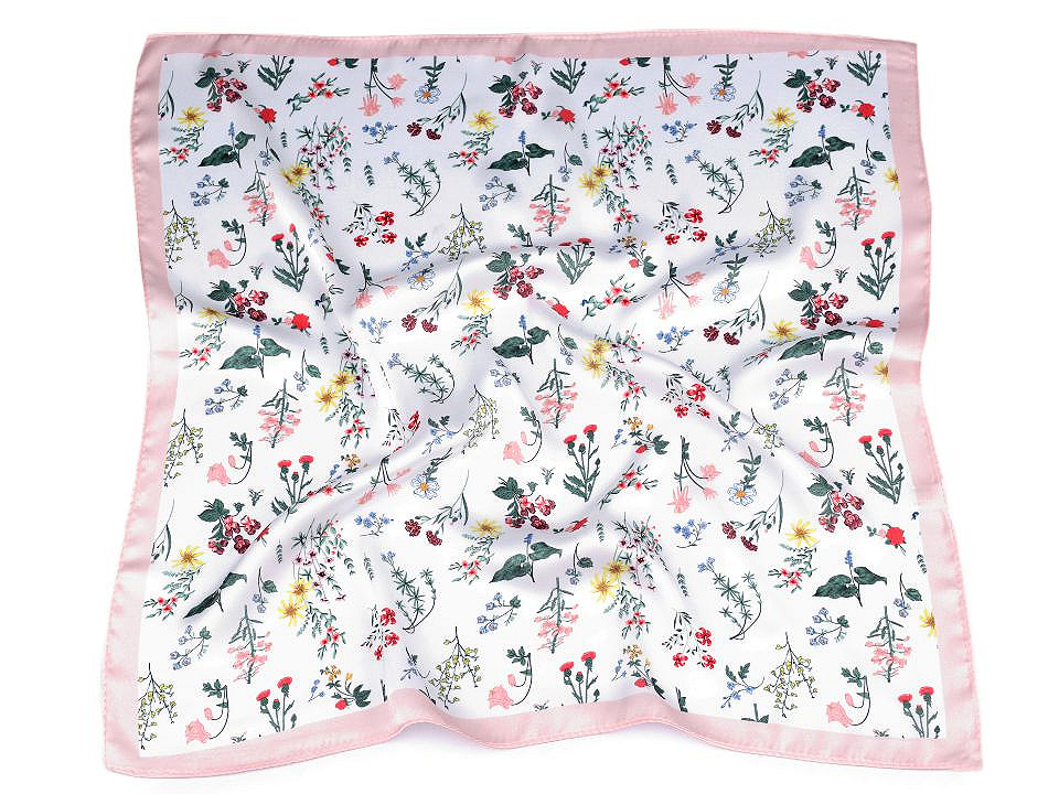 Batic / eşarfă satinată cu motiv floral, 50x50 cm - Roz pudrat (1 Bucată)