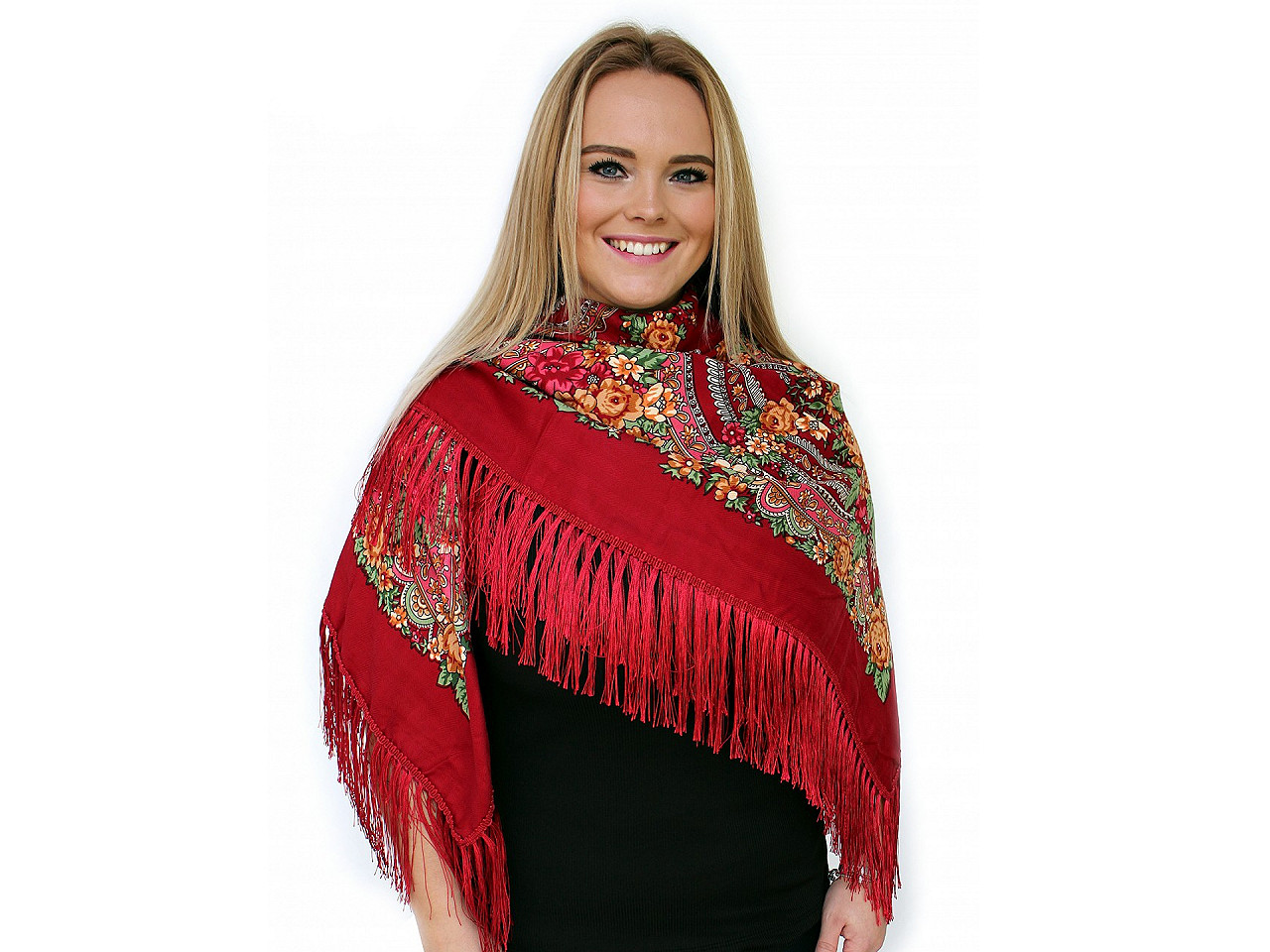 Batic / eşarfă satinată cu motiv floral, 105x105 cm - Albastru închis (1 Bucată)