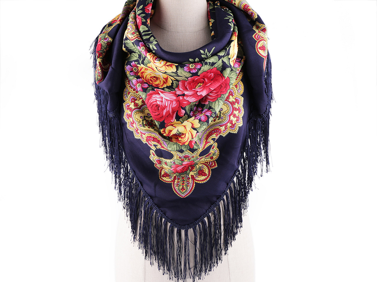 Batic / eşarfă satinată cu motiv floral, 105x105 cm - Albastru închis (1 Bucată)