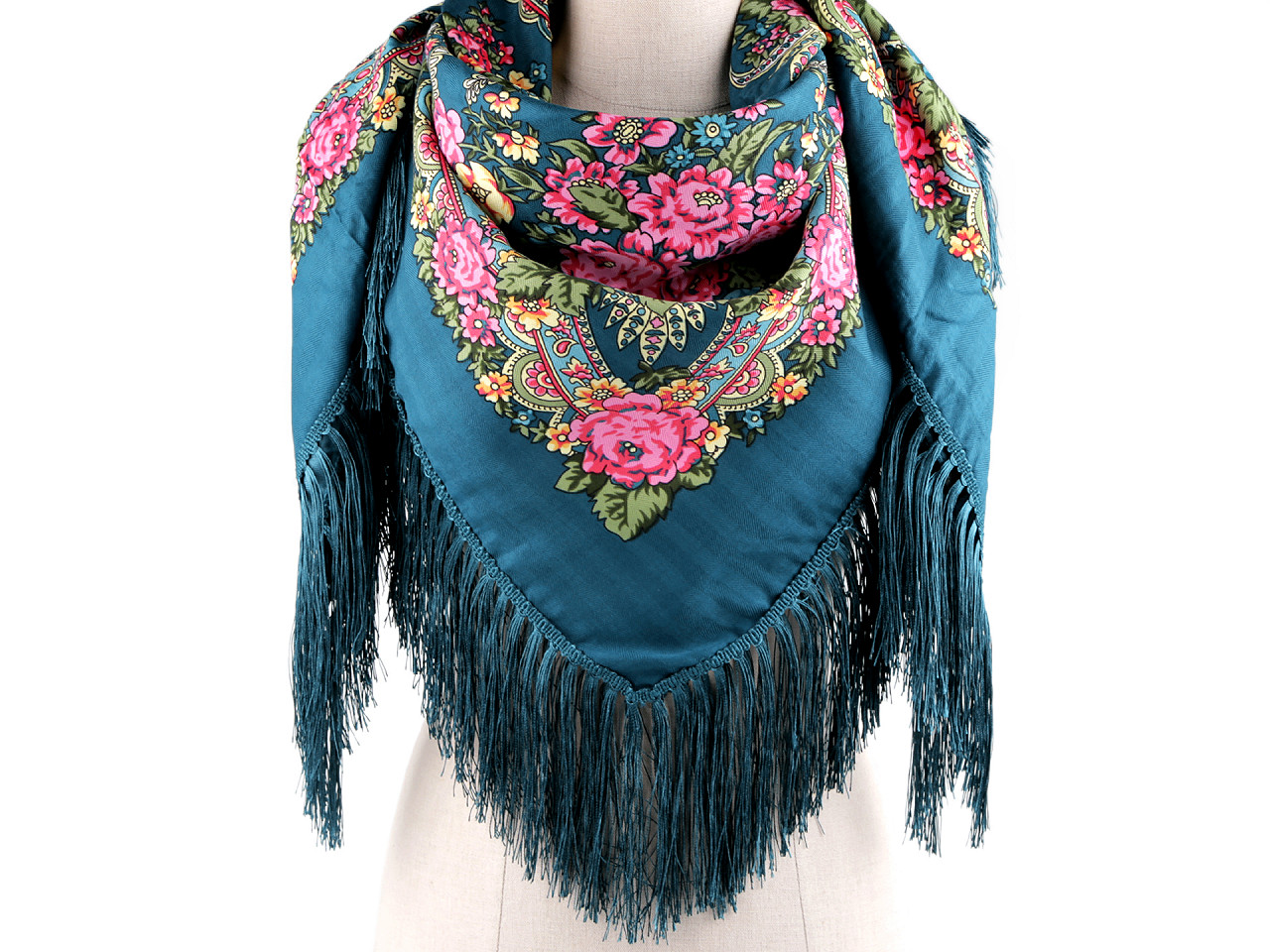 Batic / eşarfă satinată cu motiv floral, 105x105 cm - Albastru închis (1 Bucată)