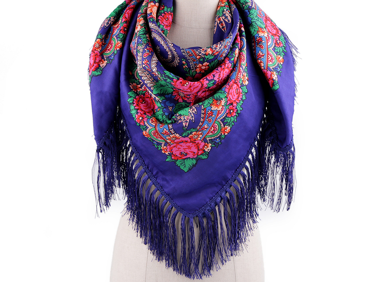 Batic / eşarfă satinată cu motiv floral, 105x105 cm - Albastru închis (1 Bucată)