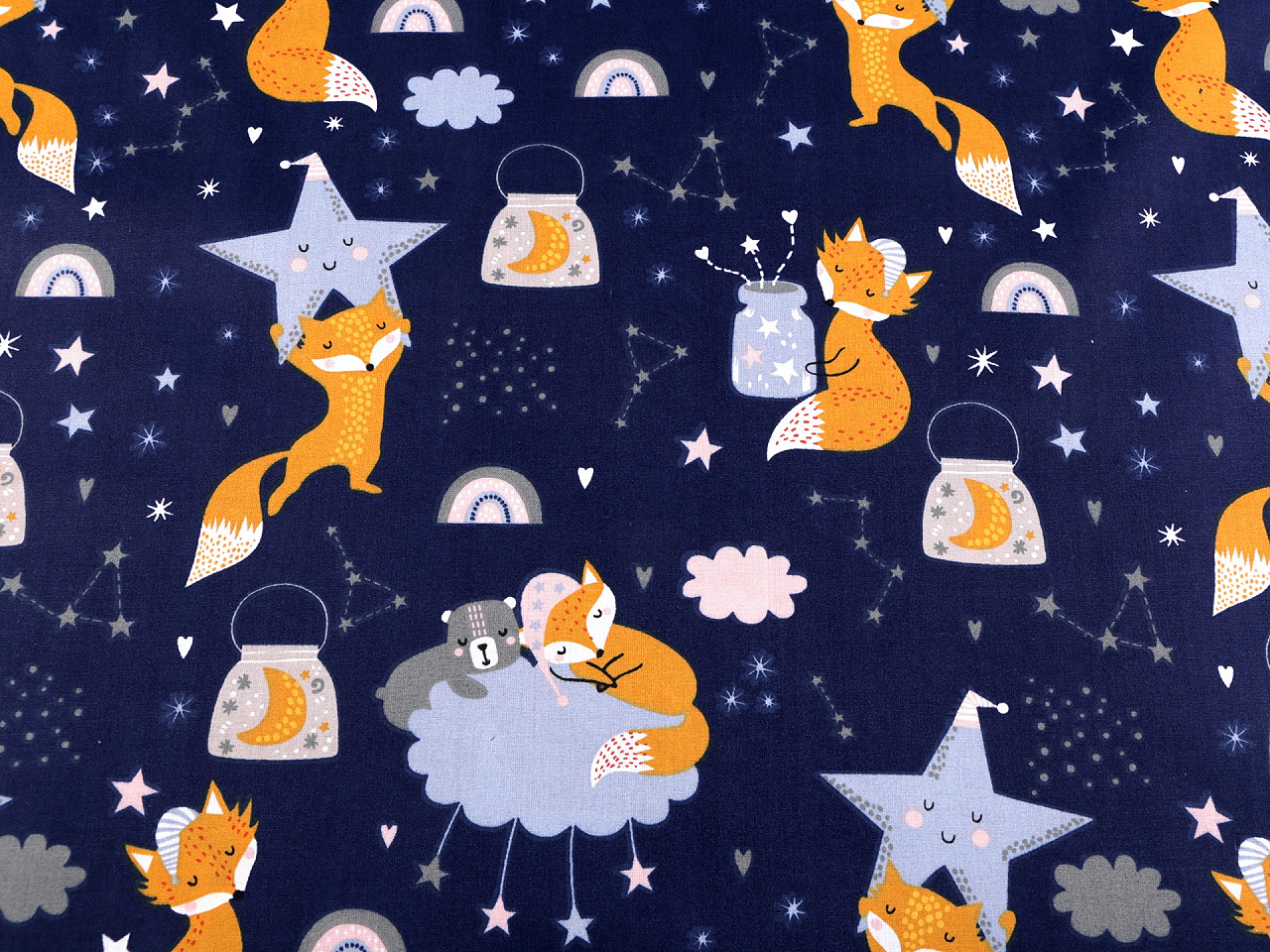 Bumbac imprimat, motiv vulpi - Albastru închis (1 Metru)