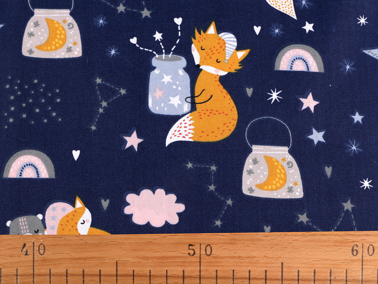Bumbac imprimat, motiv vulpi - Albastru închis (1 Metru)