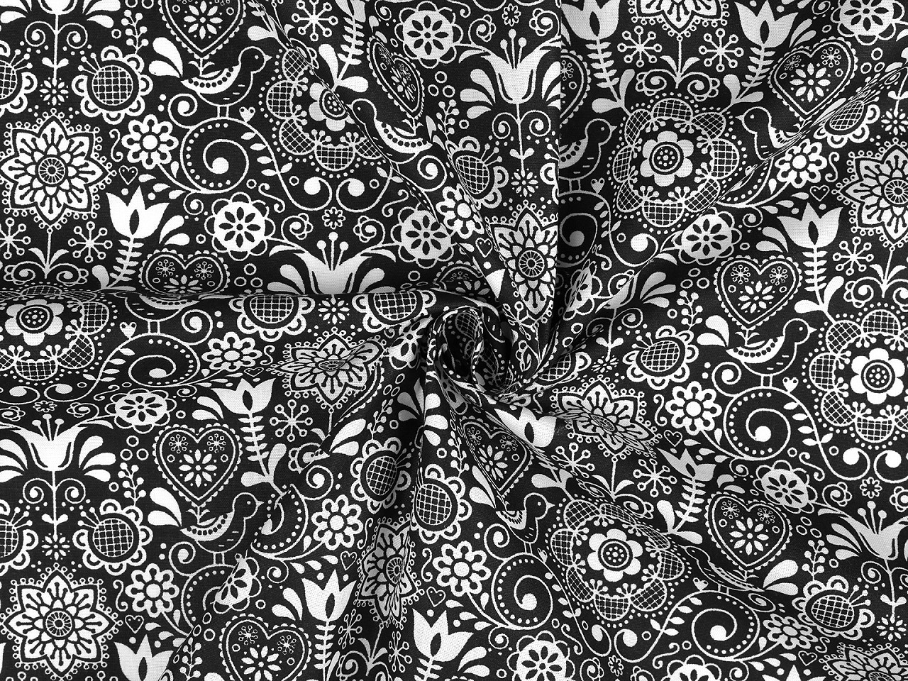 Bumbac imprimat cu motiv folcloric - Albastru închis (1 Metru)