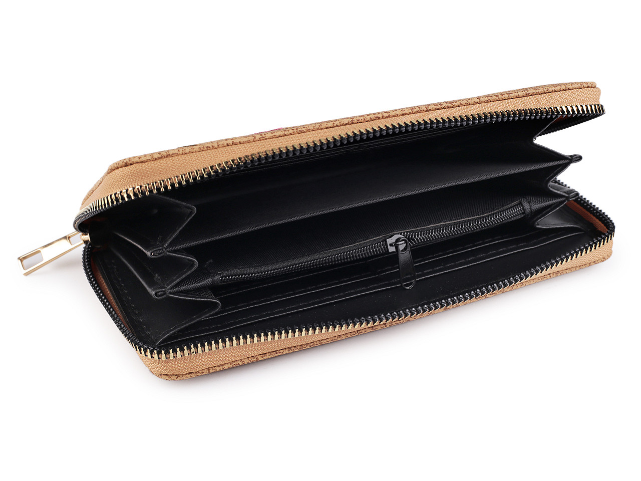 Portofel de dama cu flori brodate 9,5x19 cm - Bej camel (1 Bucată)