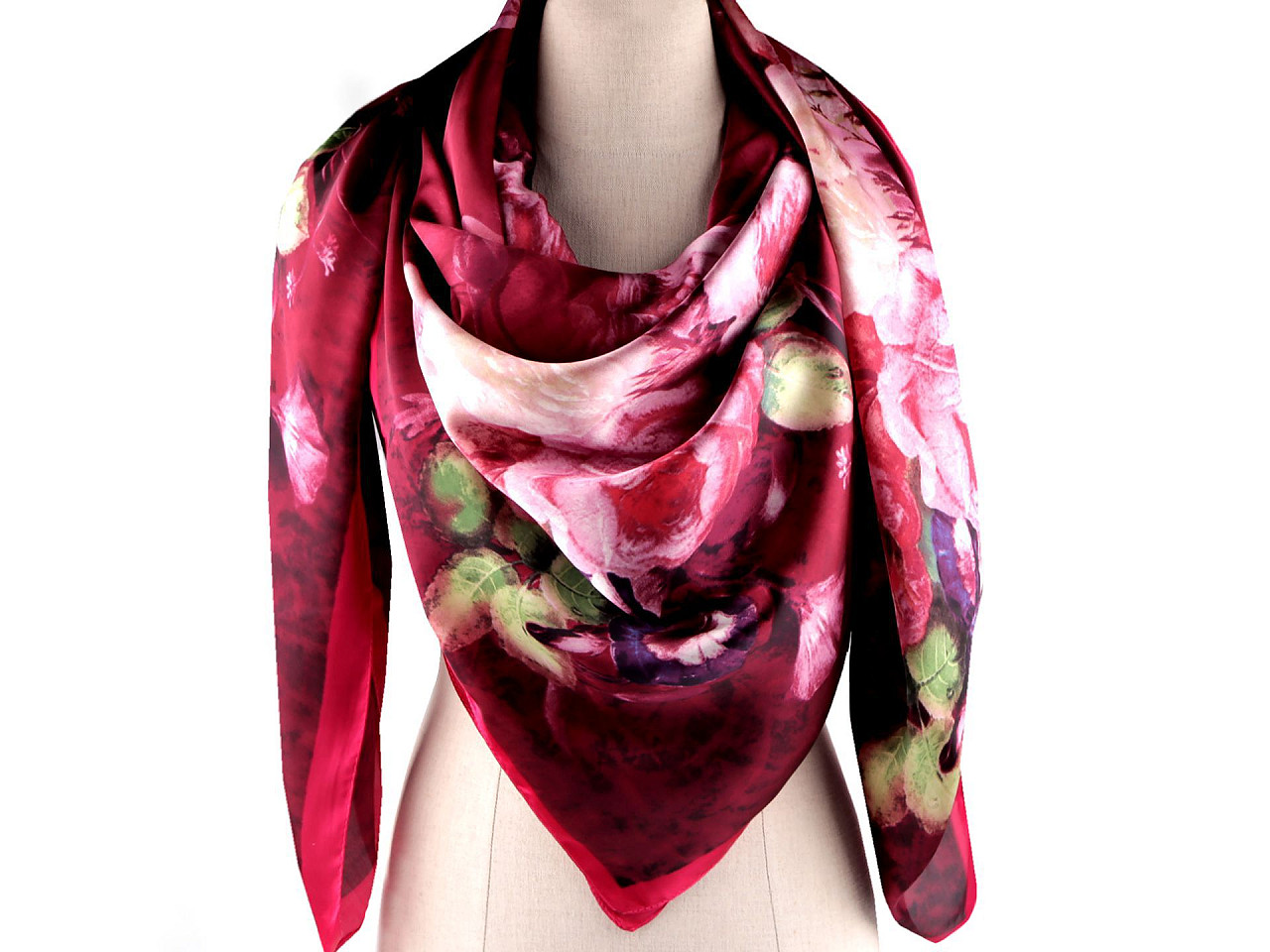 Esarfa mare din satin cu flori 130x135 cm - Roșu deschis (1 Bucată)