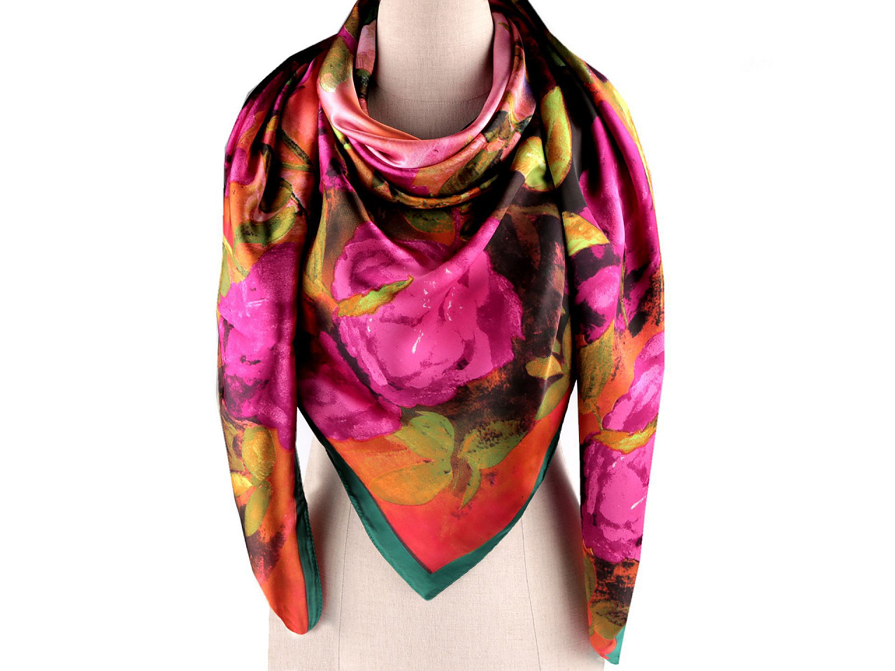 Esarfa mare din satin cu flori 130x135 cm - Roșu deschis (1 Bucată)