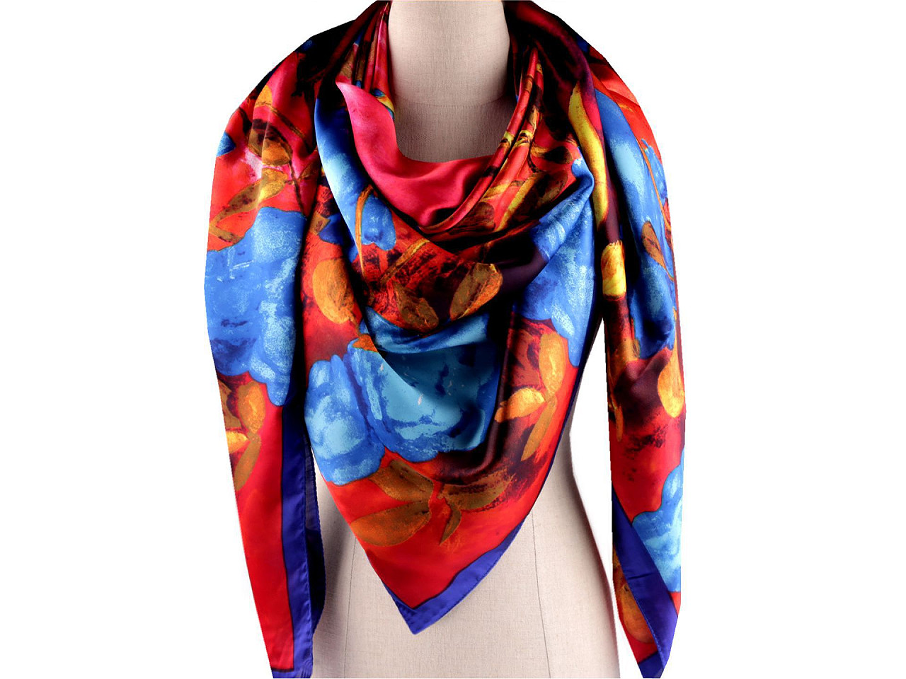 Esarfa mare din satin cu flori 130x135 cm - Roșu deschis (1 Bucată)