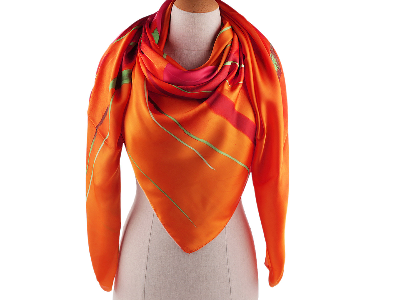 Esarfa mare din satin cu flori 130x135 cm - Roșu deschis (1 Bucată)