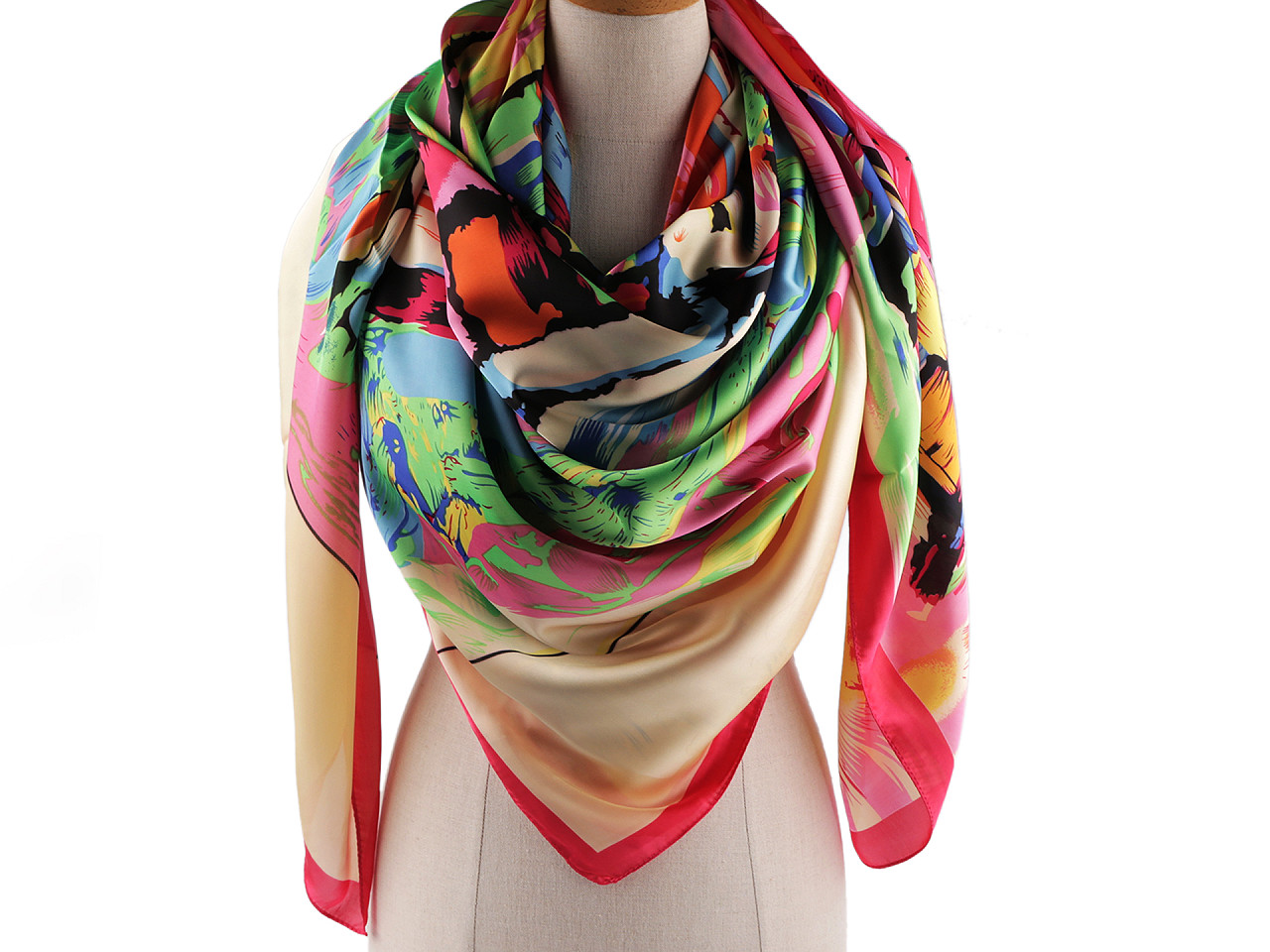 Esarfa mare din satin cu flori 130x135 cm - Roșu deschis (1 Bucată)