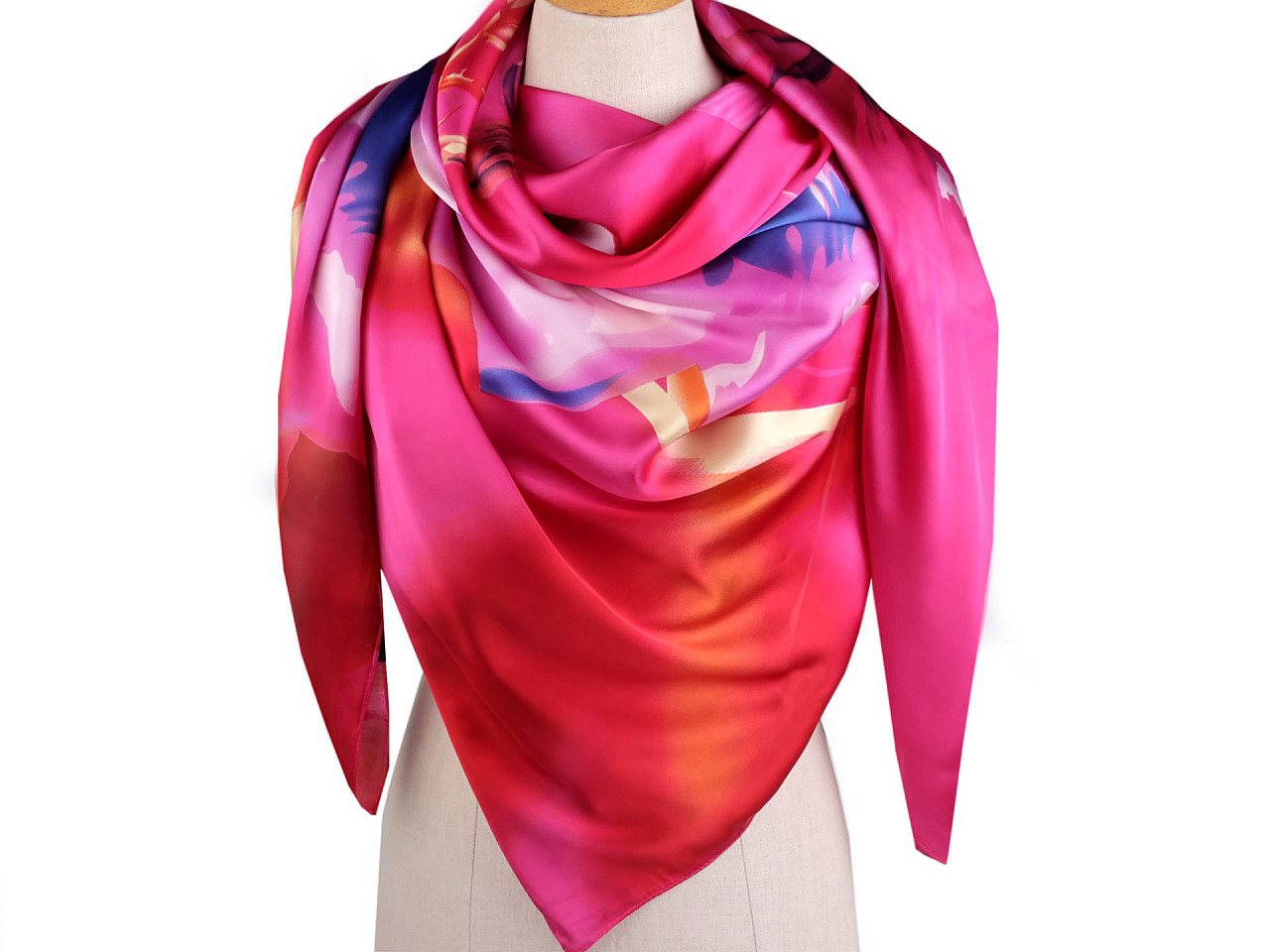 Esarfa mare din satin cu flori 130x135 cm - Roșu deschis (1 Bucată)