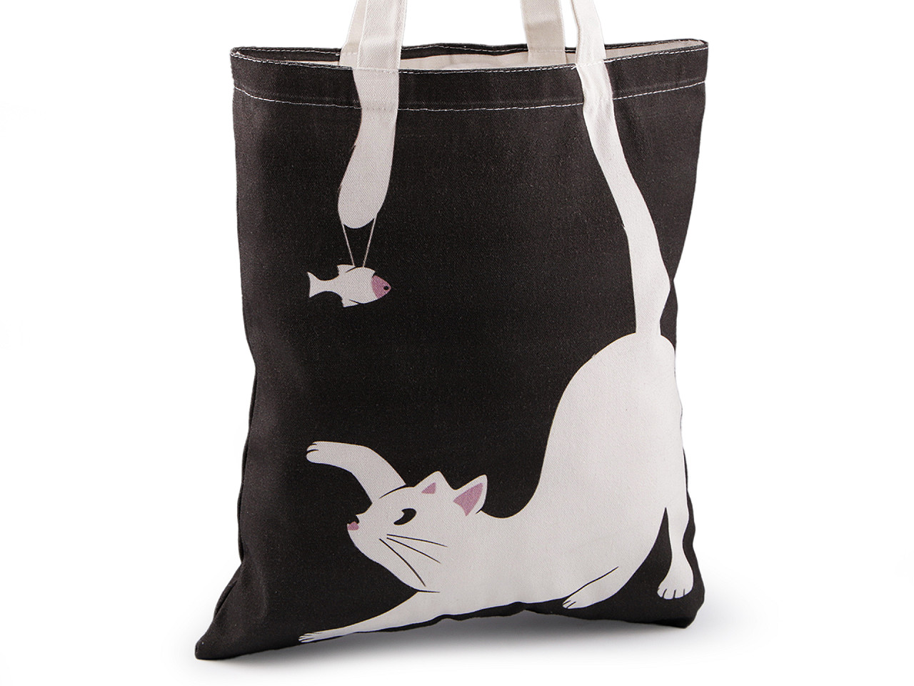 Sacosa textila din bumbac pisica  34x39 cm - Alb (1 Bucată)