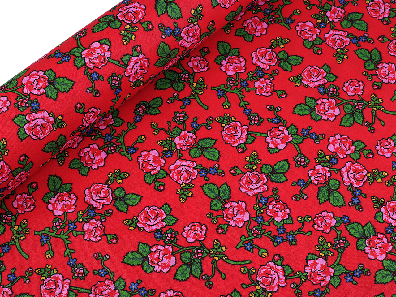 Țesătură de bumbac / pânză trandafir folclor - Roșu (1 Metru)