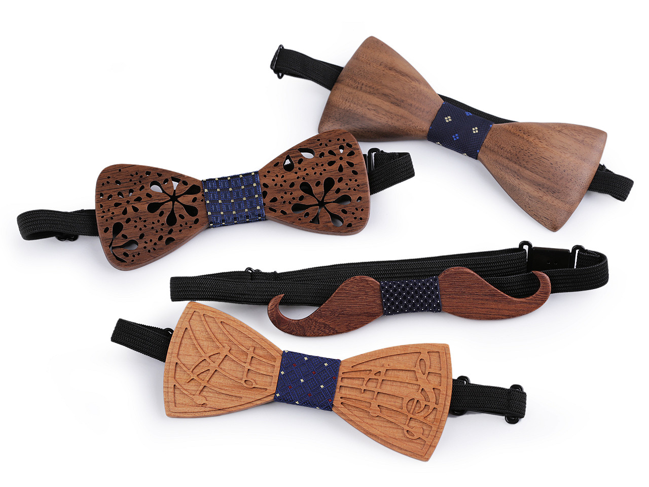 Papion din lemn, flori, mustață, note muzicale - Natural mediu (1 Bucată)