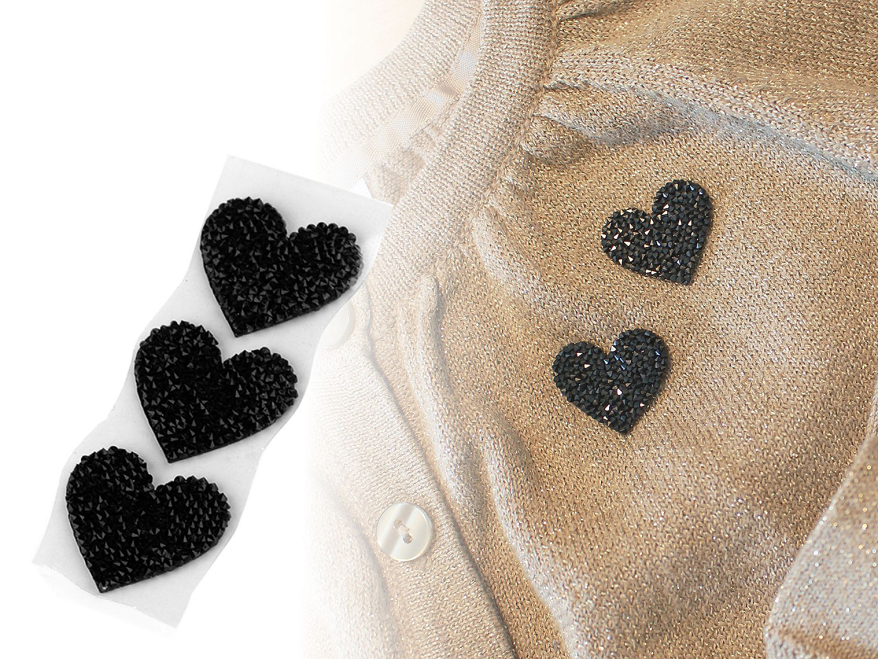 Aplicație termoadezivă inimă cu strasuri - Negru (10 Bucăți)